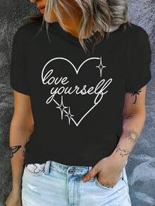 Camiseta de Mujer con Estampado de Corazón y la Frase "Love Yourself" - Con Letras, Manga Corta, Cuello Redondo, Estilo Casual, Tela de Elasticidad Media, Ropa Casual de Primavera/Verano - Atuendos para Uso Diario y Ocasiones Especiales, Camisetas para Damas, Ropa de Primavera/Verano - Negro - Ver 7