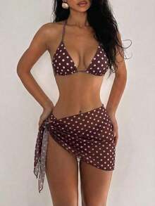 Swim Mod Conjunto de bikini de 3 piezas con estampado de lunares, escote halter y espalda con lazo, para vacaciones en la playa, atuendo de primavera, carnaval 2026, elegante, casual, traje de baño con falda - Multicolor - Ver 7
