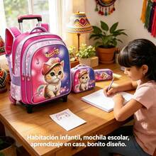 Set de 3 Piezas Mochila Escolar Infantil para Niños y Niñas, Mochila Escolar con Ruedas Opcional, Incluye Bolsa de Almuerzo Térmica y Estuche para Lápices, Diseño de Dibujos Animados de Astronauta Fútbol Gato Kawaii, Gran Capacidad Ergonómica, para Estudiantes de Primaria, Ideal para Regalo de Inicio de Clases - GX-3T-4-16-morado+l - Ver 1