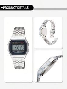 Reloj digital cuadrado para hombres Casio, correa de acero inoxidable, movimiento de cuarzo, multifunción resistente al agua, regalo para hombres A159W-N1 - Negro - Ver 6