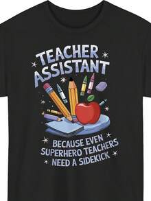 Plus Size, Teacher's Assistant Because Even Superhero Teachers Need A Companion, Women's Graphic Print T-Shirt, Short Sleeve, Crew Neck, Casual Top For Summer And Spring, Women's Clothing, PLUS SIZE - 黑色 - 查看 1