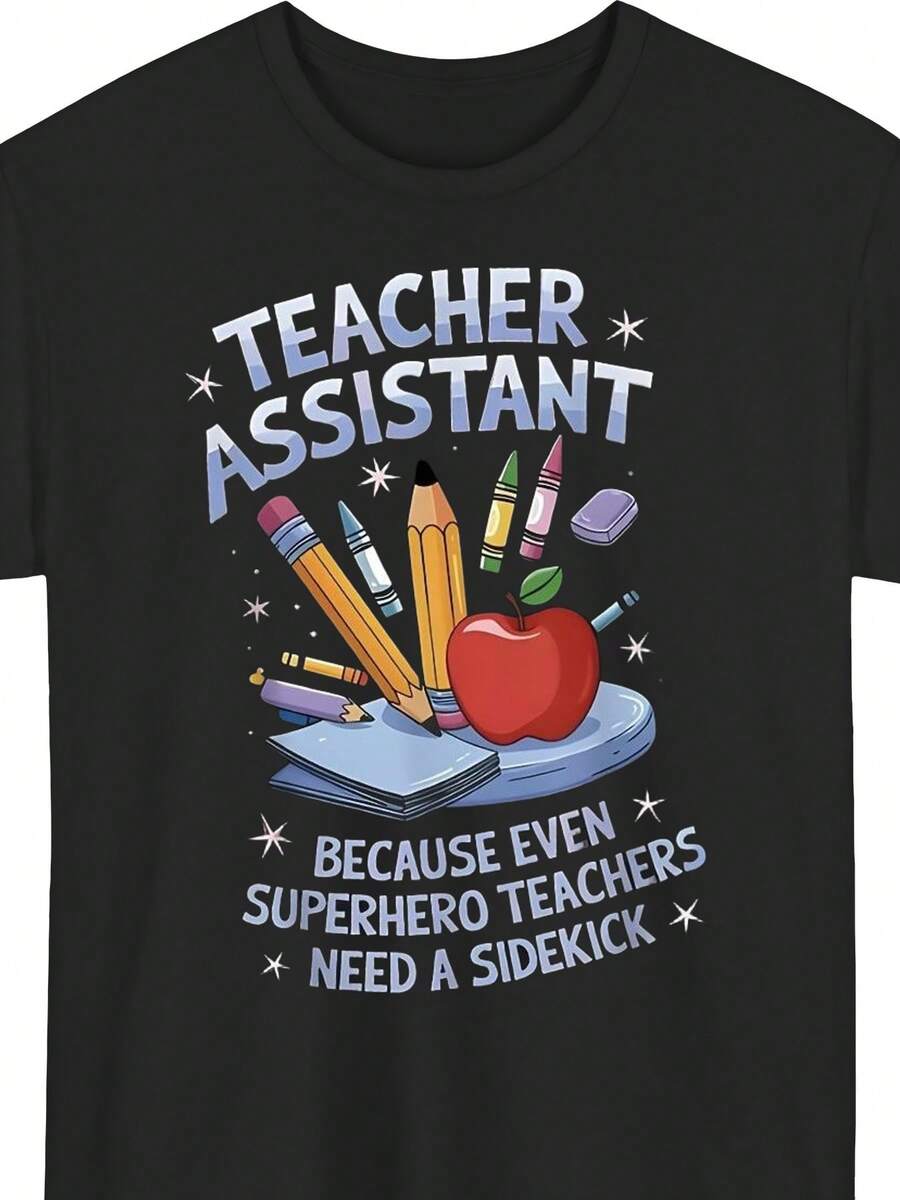 Plus Size, Teacher's Assistant Because Even Superhero Teachers Need A Companion, Women's Graphic Print T-Shirt, Short Sleeve, Crew Neck, Casual Top For Summer And Spring, Women's Clothing, PLUS SIZE - 黑色 - 查看 1