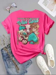 Women's Casual Summer Vacation Short Sleeve T-Shirt, Fashionable Western Retro Style With Letter Print, Hearts, Sheep Head And Cherries, Round Neck. Loose, Casual And Versatile T-Shirt, Y2k Style. - 白色 - 查看 2