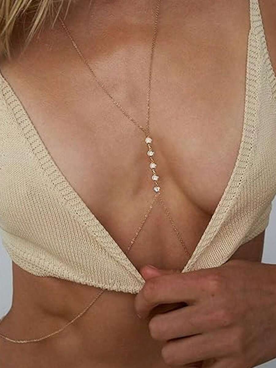 HOTNICE 女士波浪珠链性感单链,多层腰带交叉比基尼文胸身体饰品,夏季海滩度假风腰链胸饰 - 胸鏈4 - 查看 1