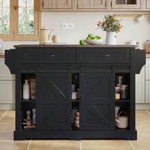 Kitchen Island With Fold-Down Worktop, Kitchen Trolley On Casters, Kitchen Unit With 2 Sliding Doors And 2 Drawers, Barn Style, White, Kitchen Storage Unit, 120 * 45 (70) * 91 Cm - 黑色 - 查看 7