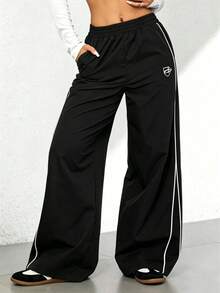 Pantalones largos casuales y sencillos de unicolor para mujeres en su día a día - Negro - Ver 1