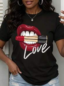 Camiseta de manga corta de talla para mujer con estampado de labios y corazones para el Día de San Valentín, estilo casual vintage, unisex, holgada, de algodón, con cuello redondo. - Negro - Ver 1