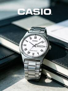 Casio 男士优雅仿石英正装腕表，白色表盘，黑色罗马数字时标，银色不锈钢表链，红色太阳日期显示窗，经典简约商务礼品 - 銀色 - 查看 1
