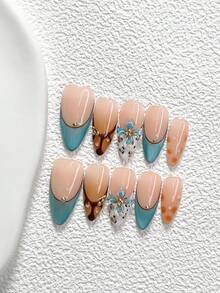 10Pcs Retro Style Handmade Press On Nail,Polygel Nail Set,Golden Steel Ball,Blue,Brown,White And Orange Nail Polish,Minimalist Style,Includes Nail Tools,3 Sizes Available,Duck,Coffin,Almond,Glitter Nails For Party,Dance,Daily Wear. - 彩色 - 查看 16
