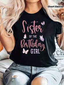 Women's Size T-Shirt With Graphic Print "Birthday Sister", Short Sleeves And Round Neck, Casual Top For Summer And Spring, Women's Clothing - 黑色 - 查看 7