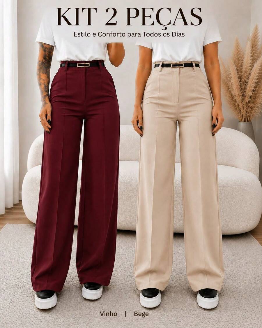 Kit Of 2 Women's Tailored Wide Leg Pants With Belt - 米色/酒紅色 - 查看 1