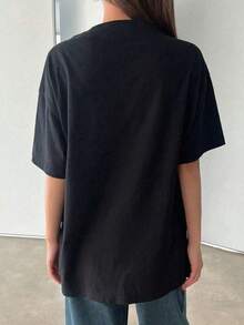 Women's Casual Black Graphic Print T-Shirt, Round Neck, Short Sleeve Top, Regular Length Knit Summer Streetwear 3GY0 - 黑色 - 查看 6