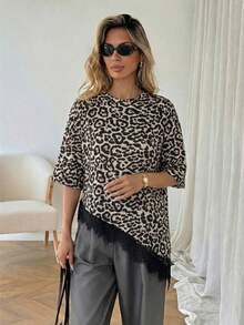 Camiseta de mujer de manga corta con estampado de leopardo, parche de encaje, bajo asimétrico, adecuada para vacaciones de verano, ir al trabajo y uso diario - Amarillo - Ver 5