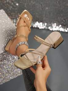 New Versatile Square Toe Chunky Heel Sandals, Fashionable French Style Crystal Embellished High Heels Suitable For Party, Gathering - Gold - View 1