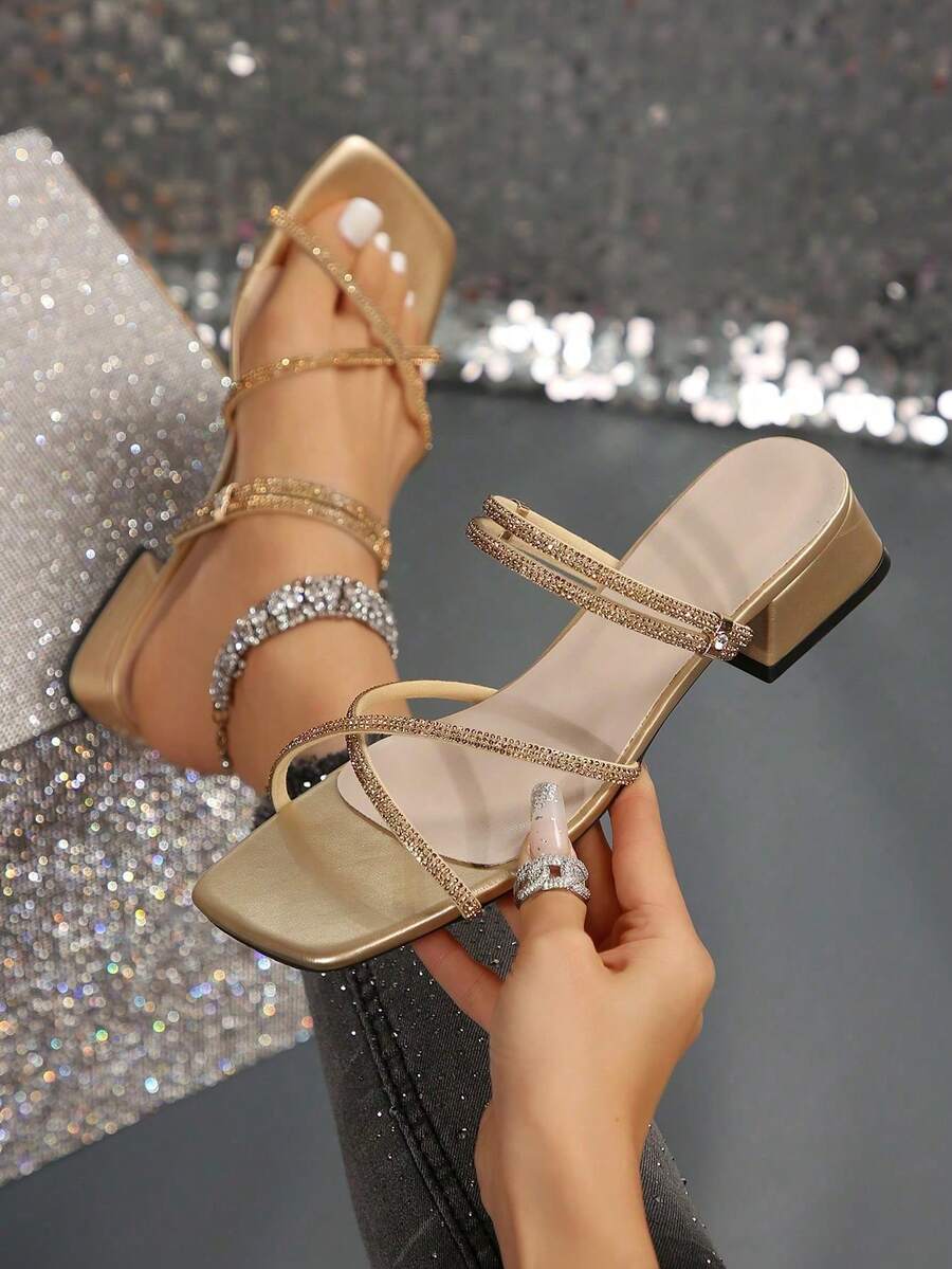 New Versatile Square Toe Chunky Heel Sandals, Fashionable French Style Crystal Embellished High Heels Suitable For Party, Gathering - Gold - View 1