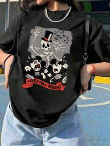 Unisex Disney Halloween Mickey Tee, Spooky Print, Casual Fit, Perfect For Holiday Season. - 黑色 - 查看 3
