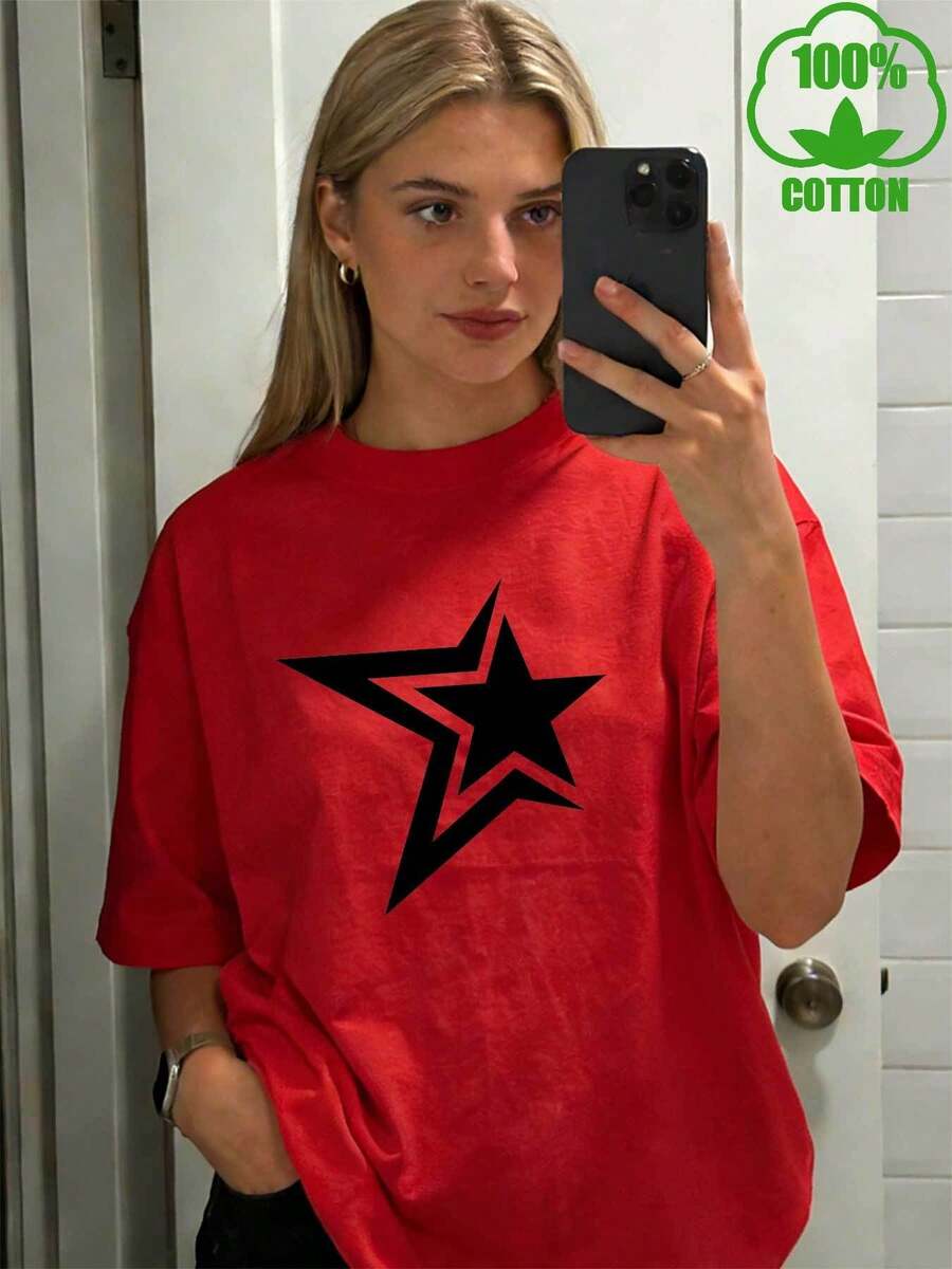 Camiseta moderna, minimalista y a la moda, con estampado de estrellas retro americano, de manga corta y resistente, adecuada para todas las estaciones, un excelente regalo para ir de compras y para uso diario informal. - Rojo - Ver 1