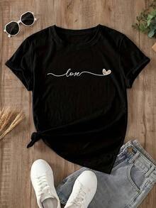 Camiseta con Estampado de Amor para Mujer - Camiseta Casual de Manga Corta con Diseño de Corazón, Tela Suave de Elasticidad Media, Básicos para Todas las Temporadas, Camiseta para Todas las Temporadas, Top con Estampado Divertido, Ajuste Cómodo, Camisetas para Mujer, Camiseta de Algodón, Regalo Ideal - Negro - Ver 1