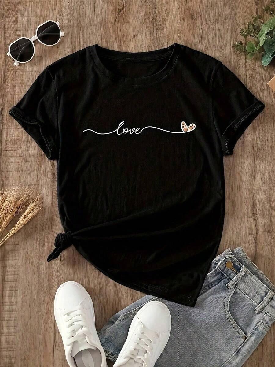 Women's Love Print T-Shirt - Casual Short Sleeve T-Shirt With Heart Design, Soft Medium Stretch Fabric, All-Season Basics, All-Season T-Shirt, Fun Print Top, Comfortable Fit, Women's T-Shirts, Cotton T-Shirt, Ideal Gift - màu đen - Xem 1