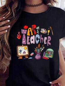 Camiseta para Maestra de Arte para Mujer, Regalo para Maestra de Arte, Camiseta Creativa para Maestra con Diseño de Pinceles, Crayones y Caballete, Perfecta para el Día del Maestro o Eventos Escolares - Negro - Ver 1