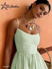 Vestido de tirantes finos de unicolor, adecuado para vacaciones en la playa, té de la tarde y viajes al aire libre, elegante para fiestas de primavera/verano - verde menta - Ver 4