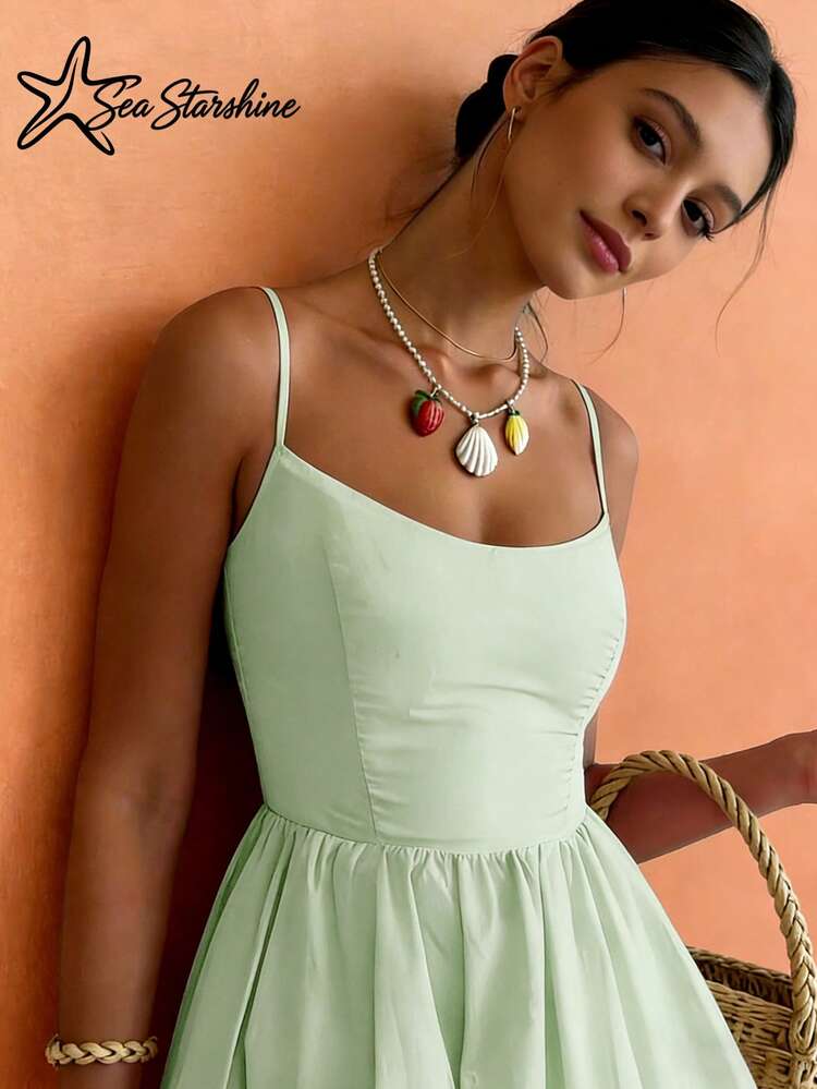 Solid Color Spaghetti Strap Dress, Suitable For Beach Vacation, Afternoon Tea And Outdoor Travel, Spring/Summer Party Elegant - Mint Green - View 3