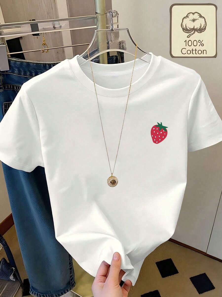 Women's T-Shirt, 100% Pure Cotton, Strawberry Print, Round Neck, Short Sleeves, Summer Clothing, Comfortable And Breathable, Summer Clothes For Women, Women's Tops. - 白色 - 查看 1