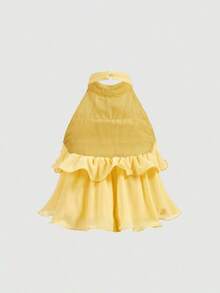 Top corto elegante de múltiples capas con volantes en azul marino, top para Año Nuevo, top de fiesta, top minimalista casual de mujer con botones frontales y tirantes anchos para uso diario, look vintage para el Día de San Valentín - Amarillo - Ver 2