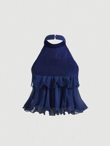 Top corto elegante de múltiples capas con volantes en azul marino, top para Año Nuevo, top de fiesta, top minimalista casual de mujer con botones frontales y tirantes anchos para uso diario, look vintage para el Día de San Valentín - Azul marino - Ver 2