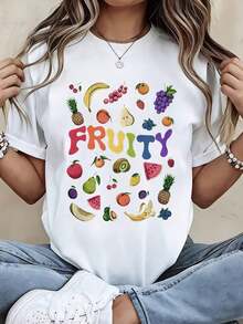 Camiseta de Verano para Mujer, Estilo Vintage con Estampado de Frutas, Camiseta Gráfica Casual de Verano para Mujer, Diseño de Frutas Coloridas, Corte Holgado, Camiseta Blanca, Moderna, Fresca y Cómoda - Blanco - Ver 1