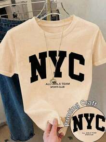 Soft 100% Cotton T-Shirt, Casual Women's T-Shirt With New York Graphic Print, Short Sleeve, Round Neck, Regular Fit, Streetwear Top With Slight Elasticity, Breathable Cotton T-Shirt, Goes With Everything, Great. - 杏色 - 查看 8