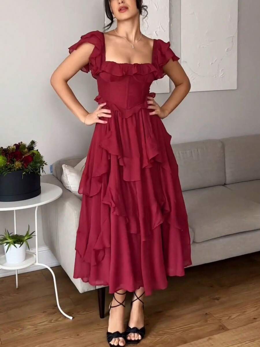 Vestido largo elegante con volantes espalda descubierta y corte calado para vacaciones - Burdeos - Ver 1