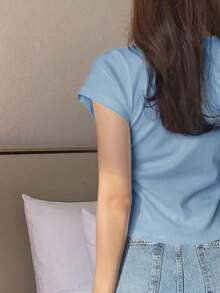 Camiseta básica de mujer de manga corta, cuello redondo, unicolor blanco, para primavera/verano, estilo casual de oficina - Celeste - Ver 2