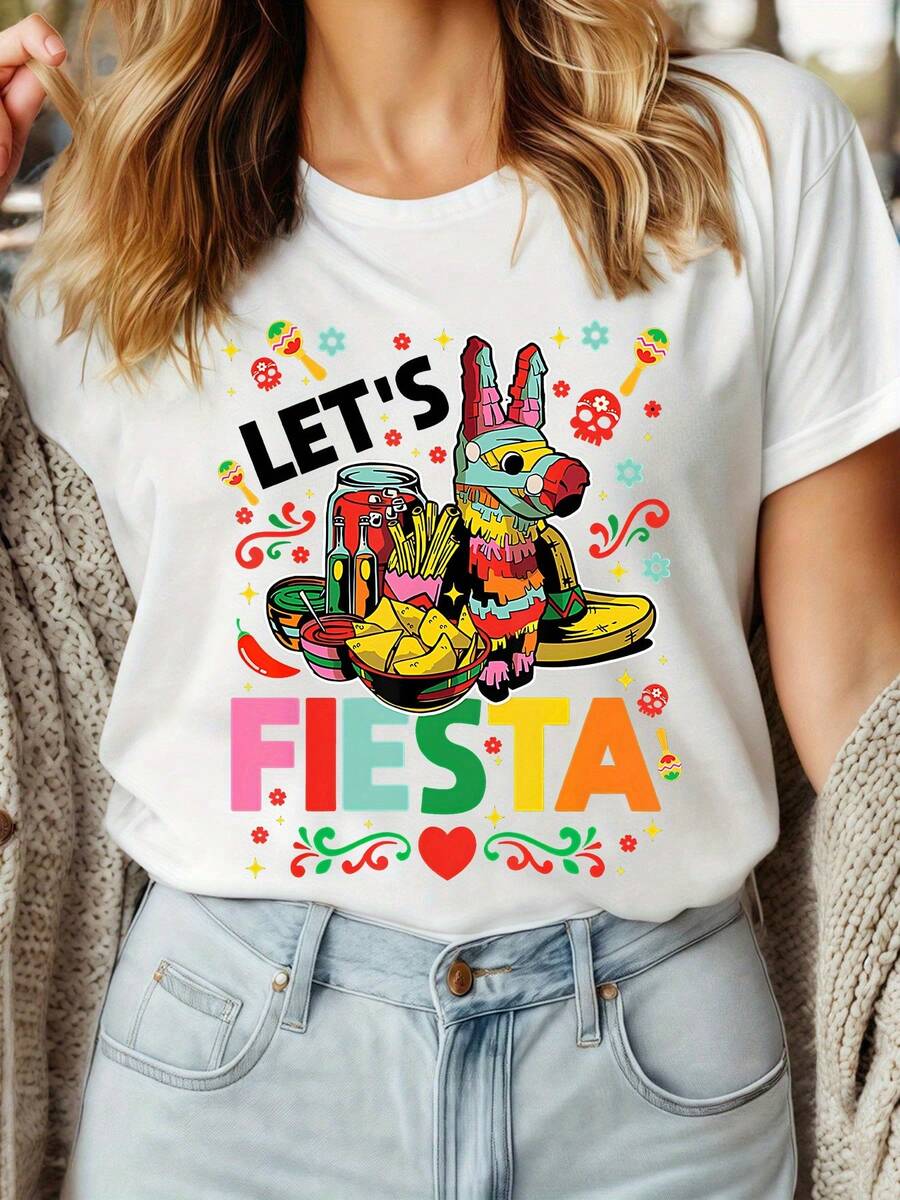 Camiseta de Primavera y Verano en Blanco y Negro para Mujer con Estampado de Fiesta Mexicana, Alegría, Entusiasmo y Patrón Lively, Cuello Redondo, Moderna, de Manga Corta, Ideal para Regalo - Blanco - Ver 1