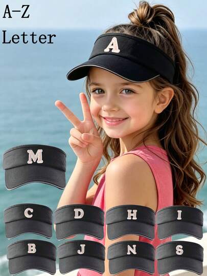 1pc A-Z Letter Kids Sun Visor Hat, 8-16Y Adjustable Breathable Sport Visor For Girls, Casual Ponytail-Friendly Outdoor Sun Cap