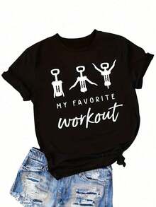 Camiseta con estampado de letras y personas en estilo line art, camiseta casual para mujer, cuello redondo, manga corta, top, ropa de mujer - Negro - Ver 4