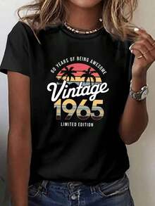 Camiseta Clásica Vintage para Mujer, Edición Limitada, con Diseño del 60º Aniversario de 1965 - Manga Corta, Cuello Redondo, Estilo Casual, Diseño de Palmeras al Atardecer, Lavable a Máquina con Ligera Elasticidad, Estilo para Todas las Temporadas, Camiseta Estampada de Moda de Verano, Ajuste Cómodo. - Negro - Ver 6