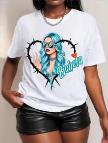 Women's T-Shirt With Beautiful Print, Casual Round Neck, Soft And Stretchy Fabric, Machine Washable, Fashionable Summer Top,  Clothing, Comfortable Fit T-Shirt, Mother's Day Gift, Vacation Style Printed T-Shirt, Streetwear, Loose Top, Casual And Versatile. - 白色 - 查看 9