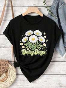 Women's Casual T-Shirt With A Daisy Graphic Print, Ideal For Autumn. Made From Premium Cotton, It Features An Artistic Print, An Urban Hip-Hop Style, And Is Breathable. Beautiful Blouses, 100% Cotton. - 黑色 - 查看 3
