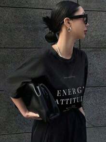 Camiseta suelta de cuello redondo con estampado de letras de manga corta para mujer "Keep Smiling ENERGY ATTITUDE See The Good Time For You", camiseta de verano oversize con gráficos,regalos para mamá, flash oferta,ofertas relámpago,Envío local,nacional envio Blusas Bonito 100% Cotton - Negro - Ver 8