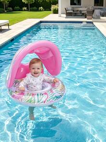Pink Flamingo Pool Float With Canopy, 3-6 Years Old Children's Inflatable Swim Seat, UV Protection Water Floating Ring, Cute Summer Beach Gear - Multicolor - View 4