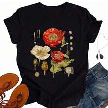 Women's Floral Print T-Shirt Tee1, Casual Short Sleeve Cotton T-Shirt With Round Neck And Poppy Flower Print, Cute Summer Short Sleeve T-Shirt / 100% Cotton Short Sleeve T-Shirt - 黑色 - 查看 4