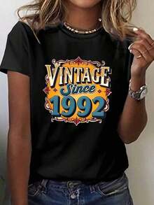 SimpieAndVersatileDesignCamiseta de Estilo Retro con Tipografía Decorativa, Top Casual de Cuello Crew de Manga Corterfecto parrimavera Y Verano, Diseñado para Mujeres.CottonT-Shirt - Negro - Ver 7