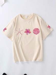 Camiseta de manga corta con cuello redondo y estampado floral y de conchas para mujer de talla grande, versátil para uso diario en verano camisetas para mujer - Estilo - Ver 2