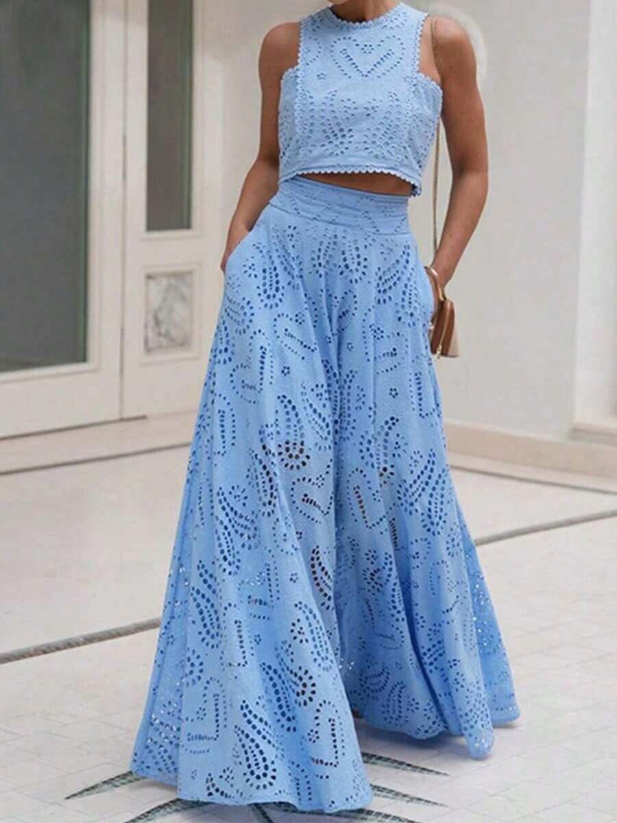 Dresses For WomenWomen 2 Piece Eyelet Skirt Set Sleeveless Hollow  Lace Tank Top Maxi Skirt Fits Night Club Party DressLoose And Comfortablevestidos De Mujer - Màu xanh lam - Xem 1
