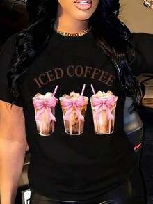 Camiseta con estampado de la bebida "Iced Coffee Pink Bow", para mujer, estilo casual de verano, diseño moderno y a la moda. - Negro - Ver 1
