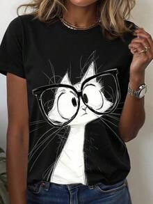 Camisetas estilo animeEMERY ROSE Women's Round Neck Cat Print Casual Versatile Daily Wear Short Sleeve T-Shirt,Camisetas con diseños gráficos para niños pequeños, Camisa de manga corta para hombre,aptas para el uso diario,Camisa de mujer,Camiseta de apoyo al Mundial,Camisetas con temática de primavera 2026 - Negro - Ver 6