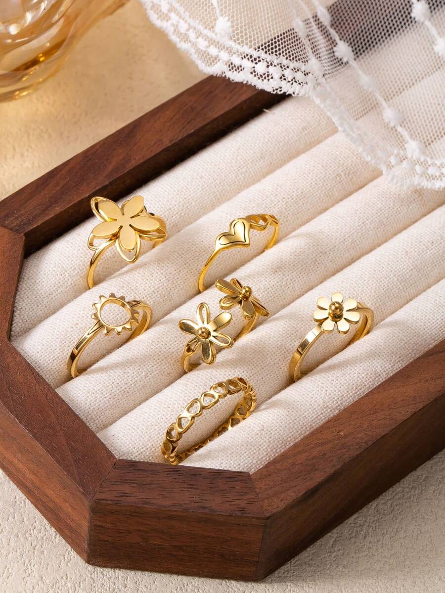 6pcs Minimalist Stainless Steel Ring Set For Women, Includes Flower, Heart, Sun Designs, Suitable For Daily, Holiday, Dating, Engagement, Wedding, Outing, Party Matching - Gold - View 1