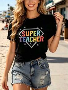 1 pieza de camiseta gráfica para mujer con estampado de "Super Maestra", estampado de colores del arcoíris, cuello redondo, manga corta, estilo casual, holgado y cómodo, ideal como regalo para maestras, para uso diario y escolar, ropa de mujer para todas las estaciones. - Negro - Ver 1