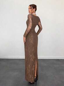 Vestido negro ajustado hasta el suelo con cuello corsé ahuecado y mangas largas con encaje en forma de S sexy para mujer para fiestas, citas y banquetes de otoño/invierno nuevo - Marrón 2 - Ver 2